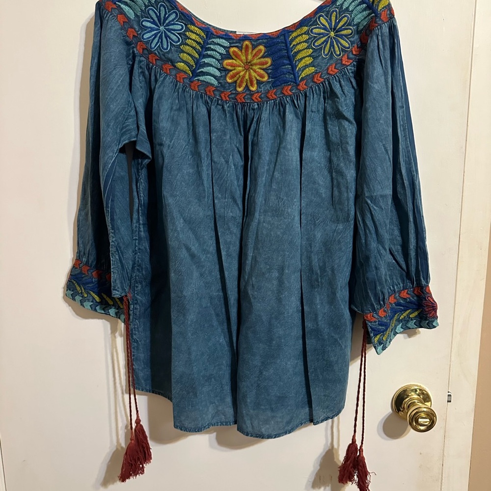 Ivy Jane Blue Embroidered Blouse with Colorful Accents